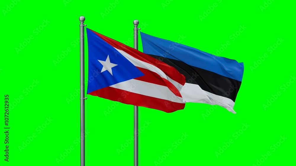 Estonia and Puerto Rico flags flying together, video concept of the relationship with colored chroma key for easy background remove
