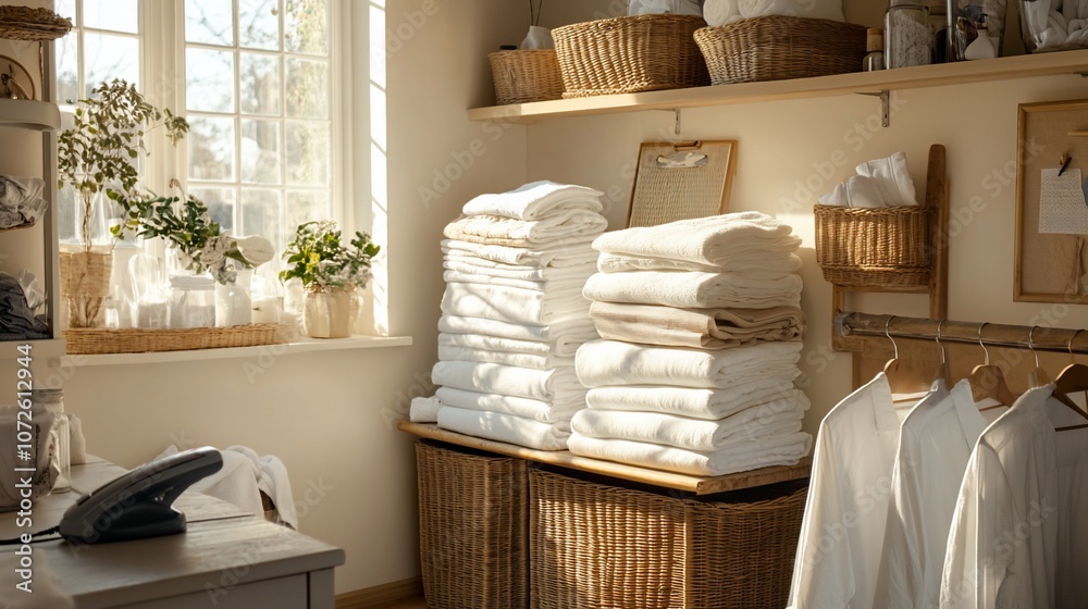 A well-organized laundry room with clean towels neatly stacked on a wicker cabinet, robes hanging on hangers, and sunlight streaming through the window. A well-organized laundry room with clean towels neatly stacked on a wicker cabinet, robes hanging on hangers, and sunlight streaming through the window.