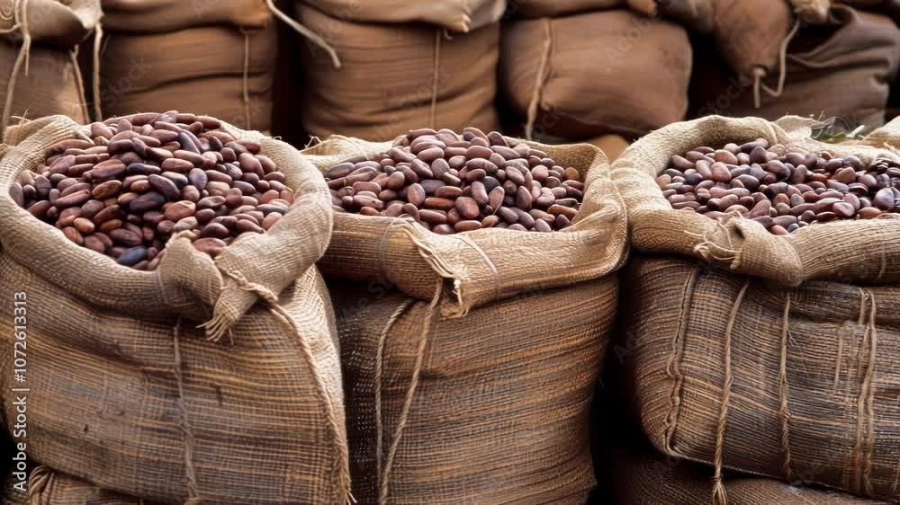Fresh cocoa beans drying in the sun, ready for chocolate making. Rich brown hues create a striking pattern, showcasing raw nature. Abundant harvest scene promises flavorful chocolate