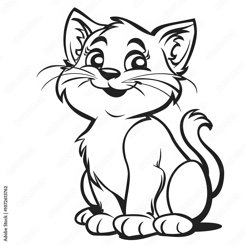 A black-and-white children's coloring book illustration of a friendly cartoon cat sitting down A black-and-white children's coloring book illustration of a friendly cartoon cat sitting down