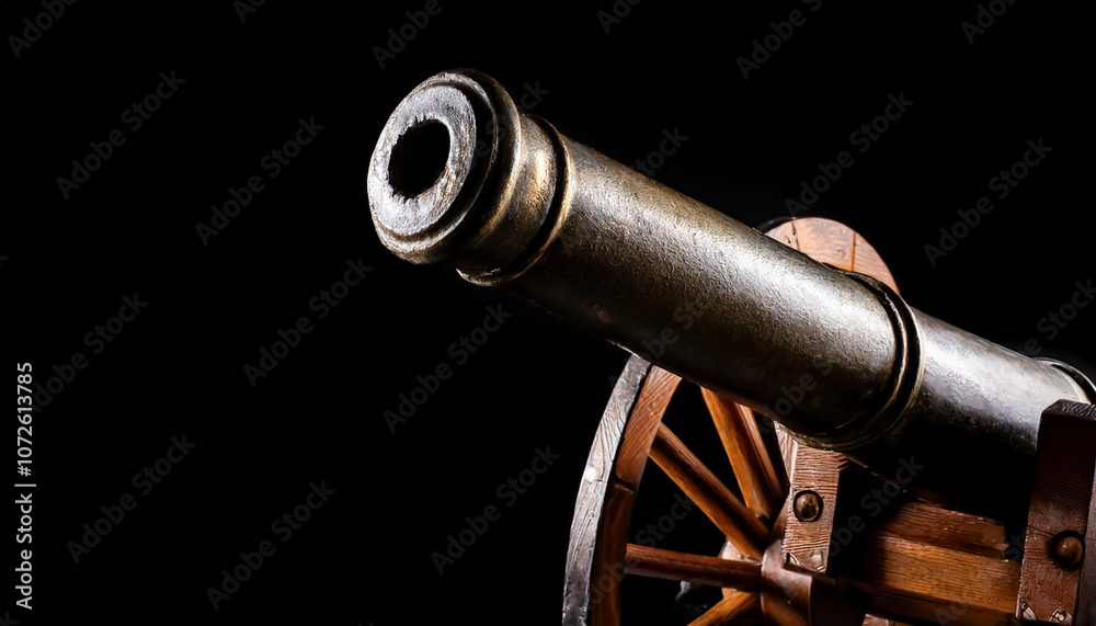 Obraz premium cannon, metal, wooden, front, hole, shoot, old, ancient, wheel, weapon, black background, closeup