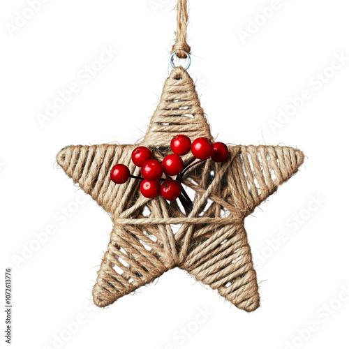 A cozy Christmas star ornament made from twine, accented with red berries and a small twine bow, isolated on transparent. Perfect for natural and handmade holiday decor