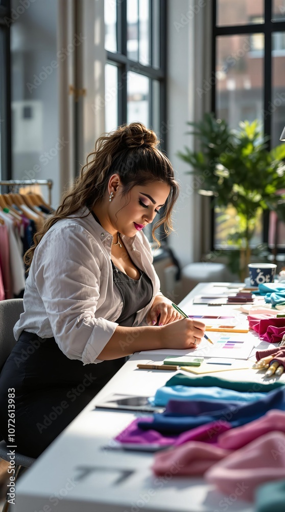 Fashion designer sketching in studio surrounded by fabrics and colorful materials Fashion designer sketching in studio surrounded by fabrics and colorful materials