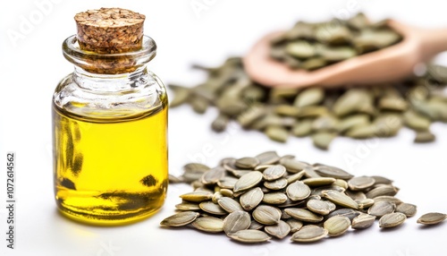 Pumpkin Seed Oil and Seeds - Pumpkin seed oil and pumpkin seeds on a white background, showcasing healthy dietary options.