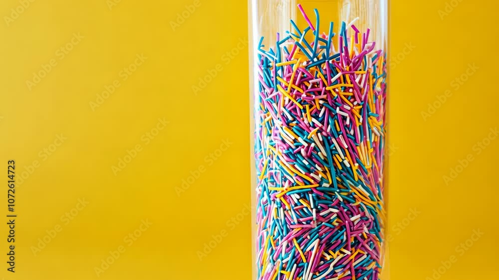 A glass vase filled with colorful sprinkles stands in front of a bright yellow background A glass vase filled with colorful sprinkles stands in front of a bright yellow background