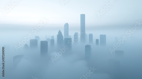 Mist envelops skyscrapers in a dreamlike urban landscape capturing the essence of modern architecture