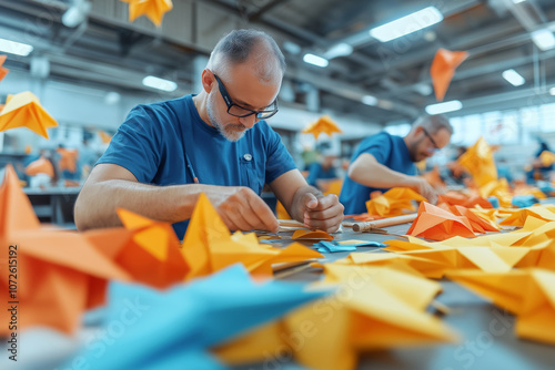 Skilled Craftsmen Folding Colorful Origami in a Bright Workshop Environment Surrounded by Vibrant Paper Art Creations photo