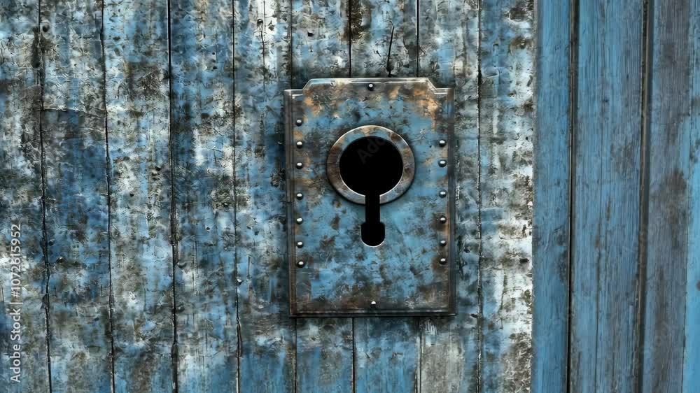 A metal keyhole on a weathered blue wooden door A metal keyhole on a weathered blue wooden door
