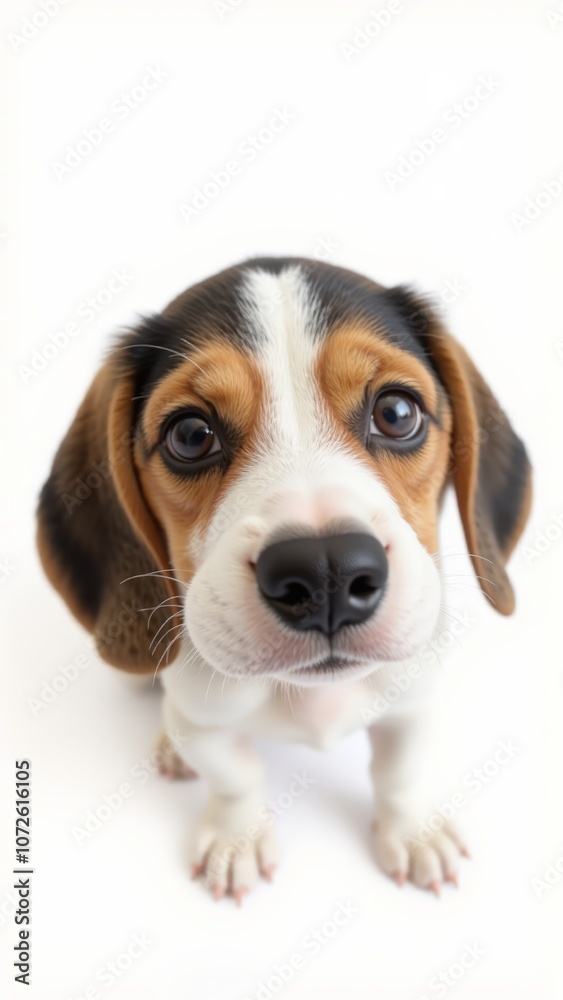 Generative AI, Close-up of a two-month-old Beagle puppy with gentle, curious expression against white background Generative AI, Close-up of a two-month-old Beagle puppy with gentle, curious expression against white background