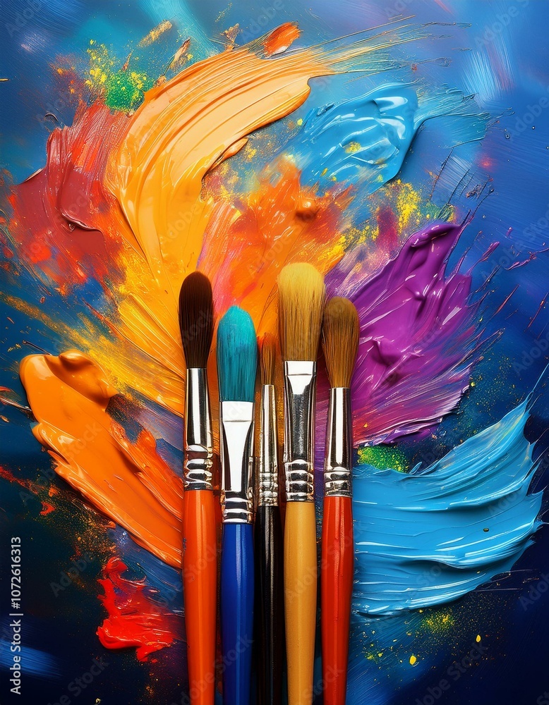 Fototapeta premium A set of paintbrushes lay on a canvas with colorful paint strokes.