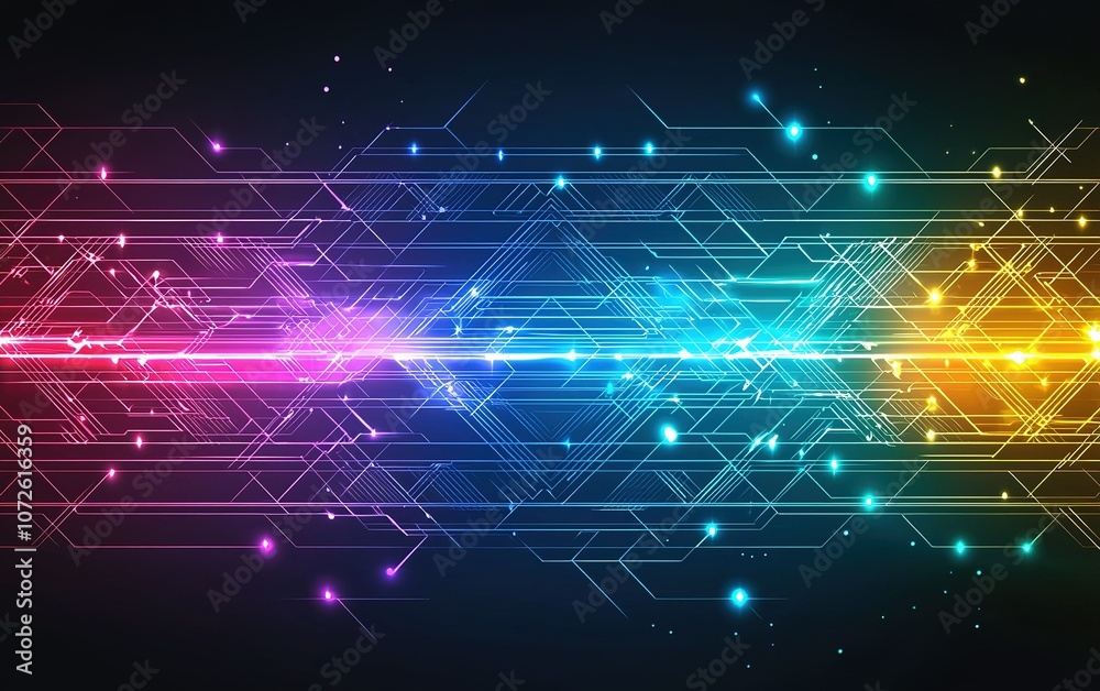 Obraz premium Abstract digital design featuring vibrant lines and geometric patterns in a dark background, showcasing modern technological aesthetics