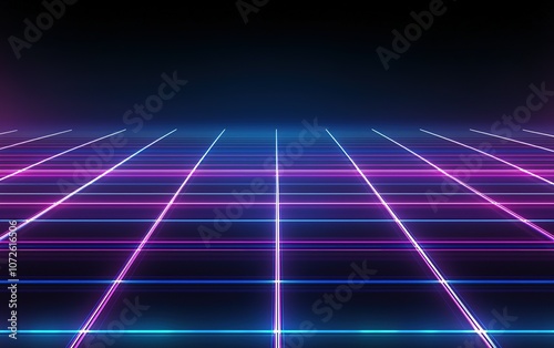 Vibrant neon grid pattern with glowing lines in a dark space created for a retro futuristic digital art aesthetic