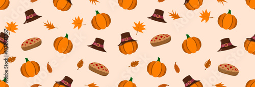 Happy Thanksgiving, seamless banner with yellowed leaves, pumpkin and traditional turkey hat.