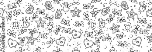 Seamless Christmas banner with elements of gingerbread cookies and Christmas berries. coloring book.