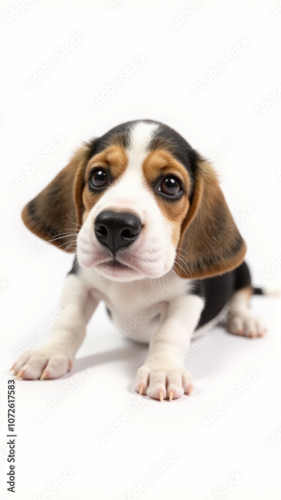 Generative AI, Close-up of a two-month-old Beagle puppy with gentle, curious expression against white background Generative AI, Close-up of a two-month-old Beagle puppy with gentle, curious expression against white background