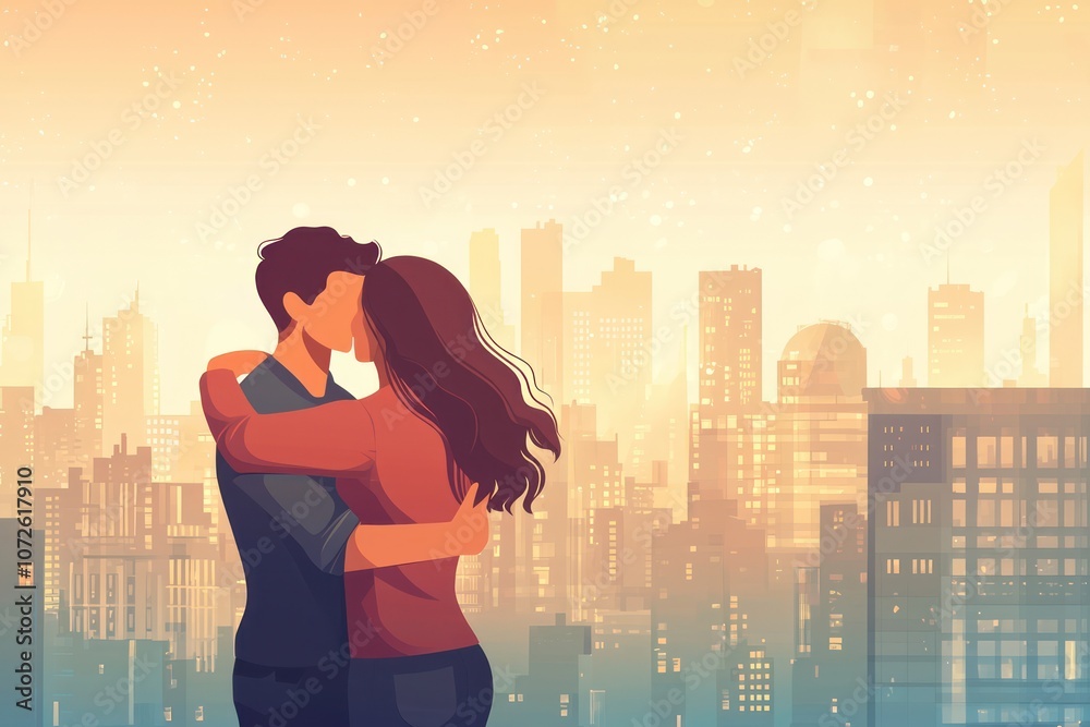 Romantic Embrace Against Cityscape - A romantic couple hugging tightly against a cityscape background, showing love and happiness in a flat design. Romantic Embrace Against Cityscape - A romantic couple hugging tightly against a cityscape background, showing love and happiness in a flat design.