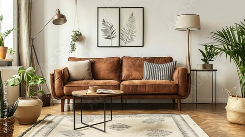 Living room interior design with mockup poster, brown sofa, plants, wooden coffee table, lamp, stylish rug, accessories.