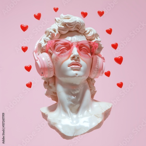 Modern Love: Classical Bust with Headphones and Hearts