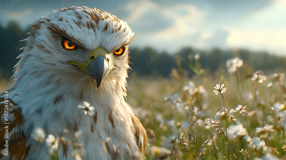 Obraz premium Majestic hawk perched among blooming flowers in a serene meadow at golden hour light