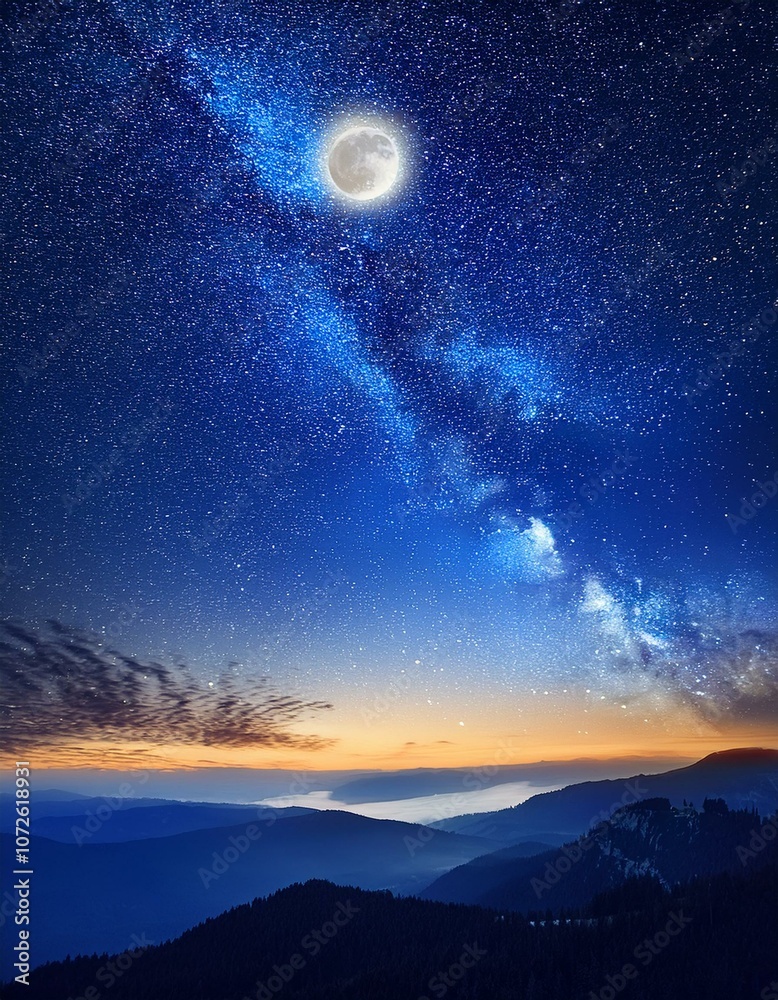 A breathtaking view of the Milky Way stretching across the night sky, with a full moon illuminating the landscape below. A breathtaking view of the Milky Way stretching across the night sky, with a full moon illuminating the landscape below.