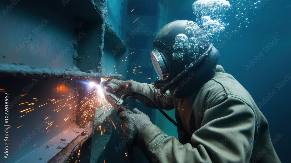 A male diver of Middle-Eastern descent skillfully performs underwater welding, surrounded by vibrant bubbles and sparks in a blue ocean environment. A male diver of Middle-Eastern descent skillfully performs underwater welding, surrounded by vibrant bubbles and sparks in a blue ocean environment.