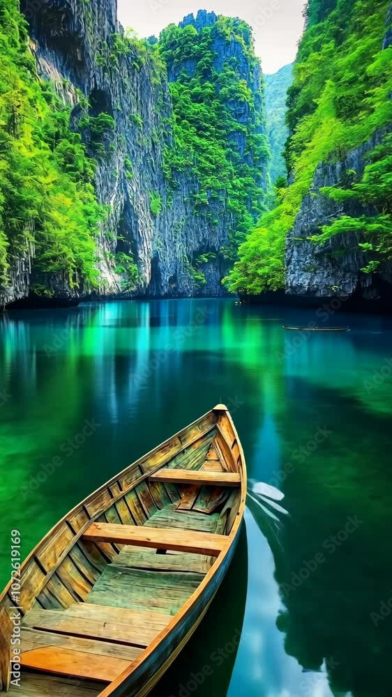 A wooden boat sits on a calm, turquoise lake surrounded by lush green cliffs A wooden boat sits on a calm, turquoise lake surrounded by lush green cliffs