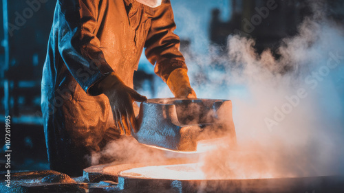 A male laborer of Asian descent pours molten metal into a mold, surrounded by steam and glowing light in a foundry setting, showcasing the intensity of metalworking.