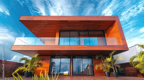 Modern home with wooden patio featuring tropical hardwood deck viewed from below photo