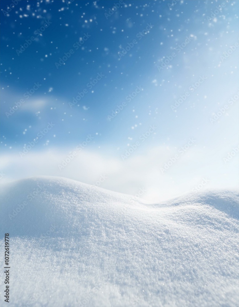 A pristine snow-covered landscape under a bright blue sky with scattered snowflakes. A pristine snow-covered landscape under a bright blue sky with scattered snowflakes.