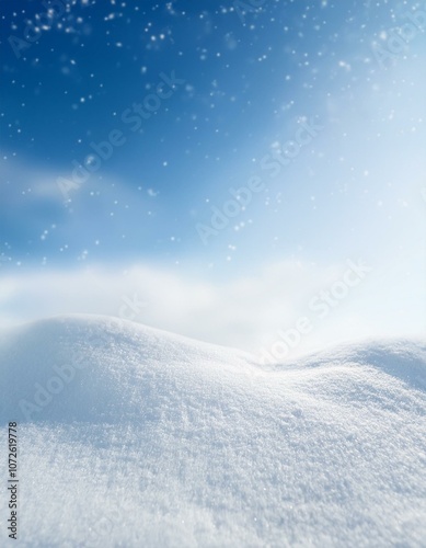 A pristine snow-covered landscape under a bright blue sky with scattered snowflakes.