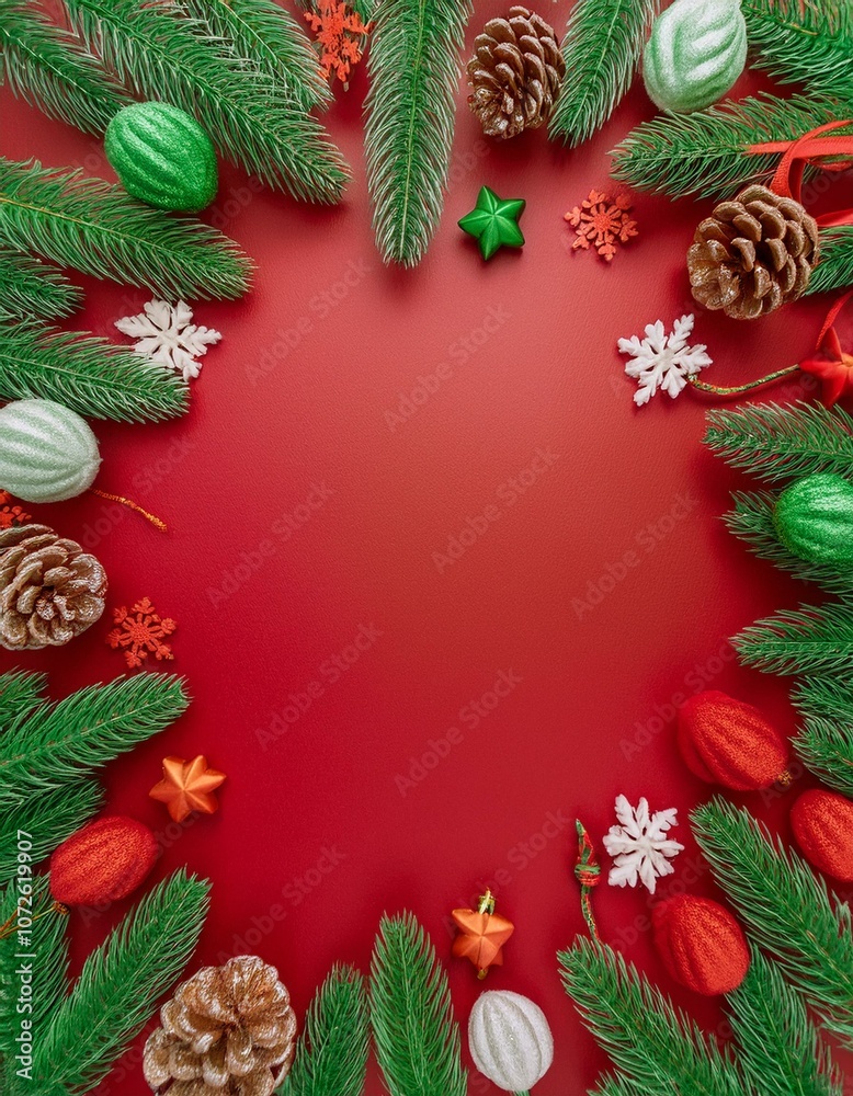 A festive Christmas border made of pine branches, ornaments, and snowflakes on a red background. A festive Christmas border made of pine branches, ornaments, and snowflakes on a red background.