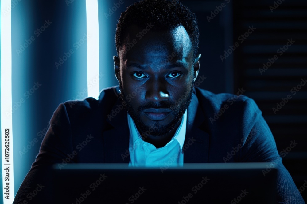 Geschäftsmann Laptop Videokonferenz Nachtlicht Blaulicht reflektierende Brille Technologie moderner Arbeitsplatz Remote Arbeit digitale Kommunikation Homeoffice entspannte Atmosphäre Business Geschäftsmann Laptop Videokonferenz Nachtlicht Blaulicht reflektierende Brille Technologie moderner Arbeitsplatz Remote Arbeit digitale Kommunikation Homeoffice entspannte Atmosphäre Business