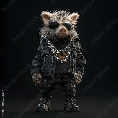 A cool pig wearing sunglasses, a jacket, chains, a t-shirt, pants with studs, and boots stands against a black background. photo