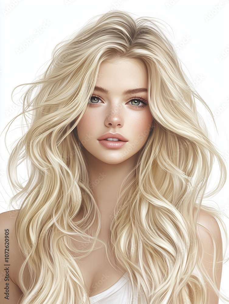 Fototapeta premium portrait of a woman with long voluminous hair against a white background, close up