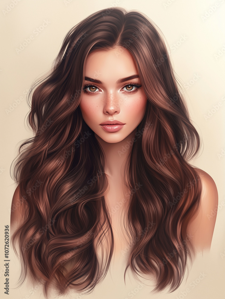 Fototapeta premium portrait of a woman with long voluminous hair against a white background, close up