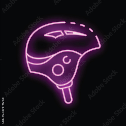 Neon sign representing a protection helmet for extreme sports, glowing in the dark on a black background