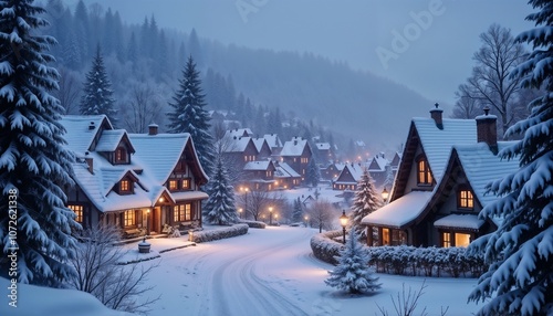 Cozy winter village with snow-covered houses and warm lights glowing in evening twilight 