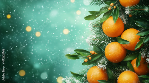 Christmas background with fir branches and tangerines with copy space. photo