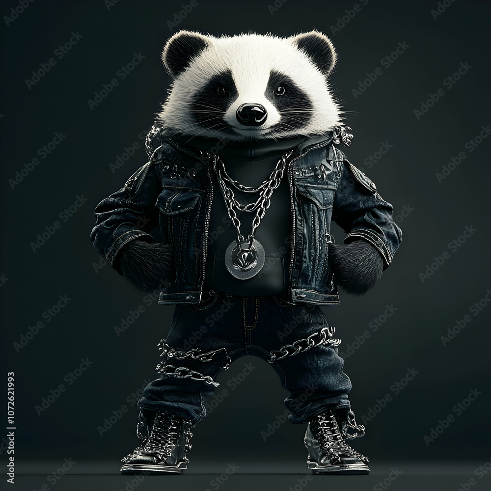 A cool, stylish, and trendy panda wearing a denim jacket, chains, and boots, standing against a black background. A cool, stylish, and trendy panda wearing a denim jacket, chains, and boots, standing against a black background.