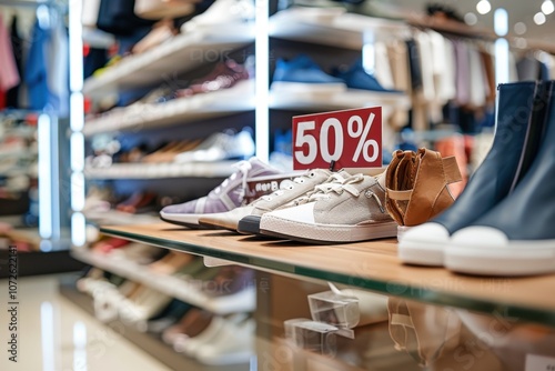 Shelves filled with shoes and a SALE sign visible, offering discounts in the store..