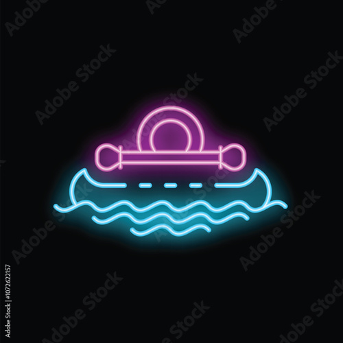 Neon sign representing a canoe floating on water, a design with bright colors, perfect for attracting attention