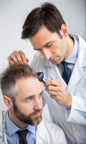 Doctor Examining Man's Hair With Dermatoscope