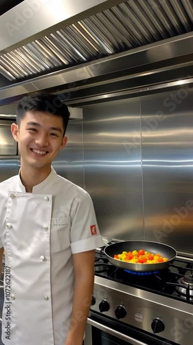 A chef smiles while cooking vegetables in a pan on a stovetop