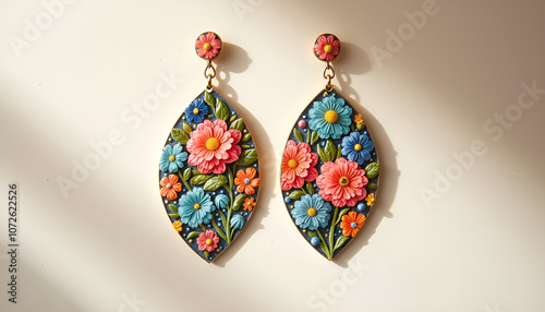 Colorful handcrafted floral earrings with intricate design on soft background