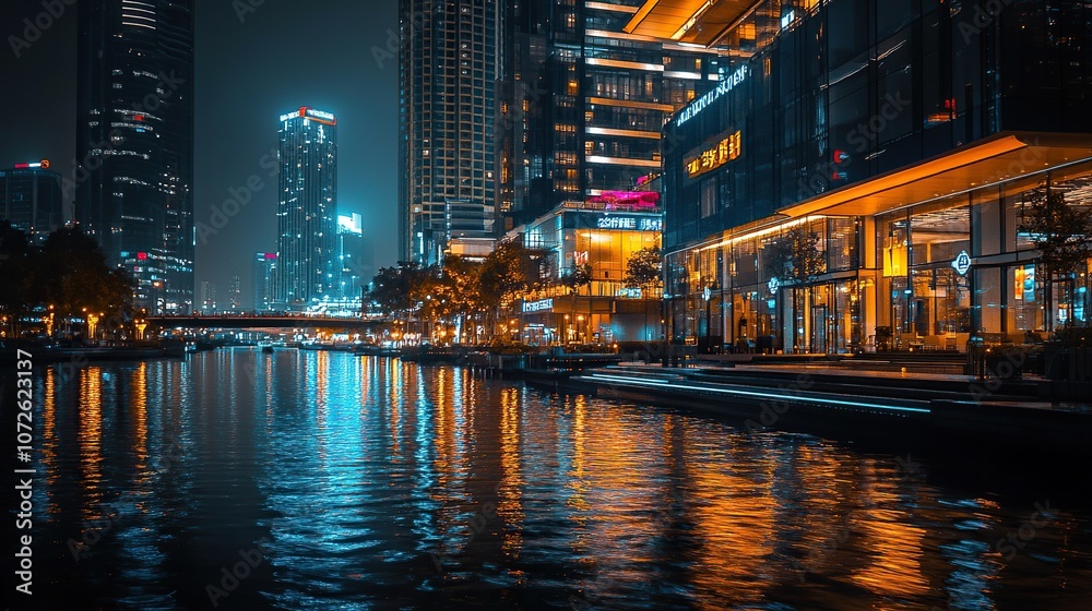 dark cityscape with illuminated buildings with reflection on water at night dark cityscape with illuminated buildings with reflection on water at night