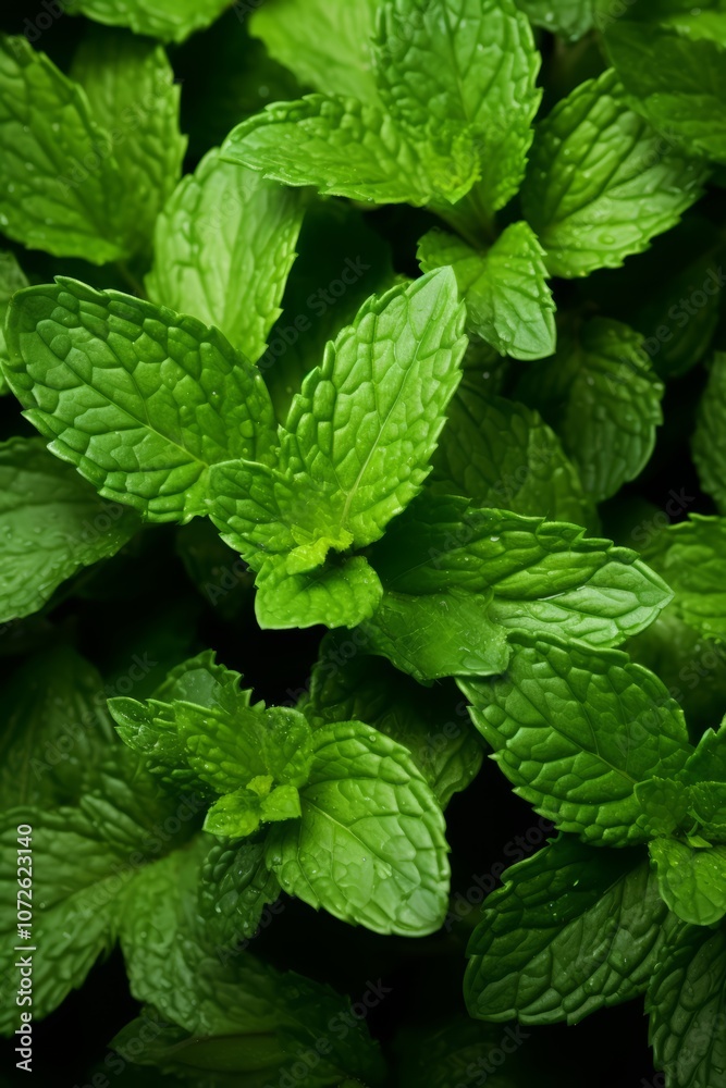 A close-up image of fresh green mint leaves with a dark background. A close-up image of fresh green mint leaves with a dark background.