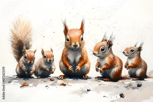 A watercolor painting of five squirrels