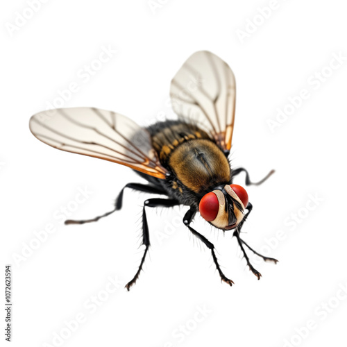 House fly with big red eyes and transparent wings on isolated transparent background. Macro closeup of insect on a alpha cut out backdrop. Fly in studio, isolated on alpha cut out backdrop. Alpha mask