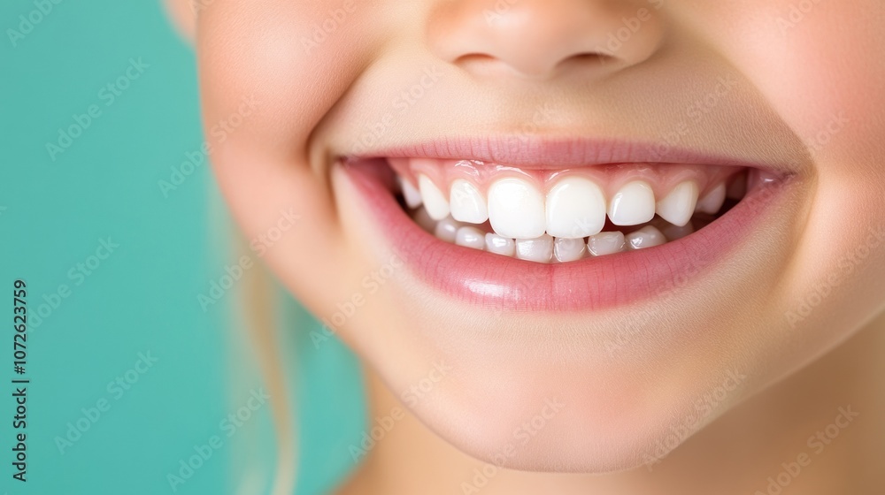 Obraz premium Close-up of smiling child Teeth and gums are healthy and well-groomed. Soft pastel green background color