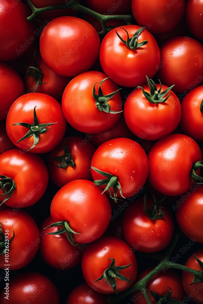 A close-up of a pile of ripe red tomatoes with green stems. A close-up of a pile of ripe red tomatoes with green stems.